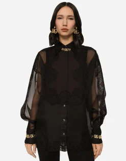 Organza tuxedo shirt with lace inserts