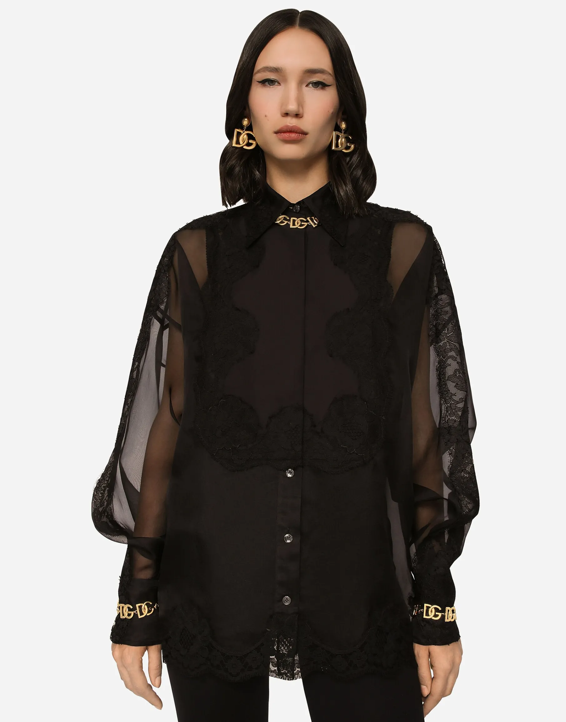 Organza tuxedo shirt with lace inserts