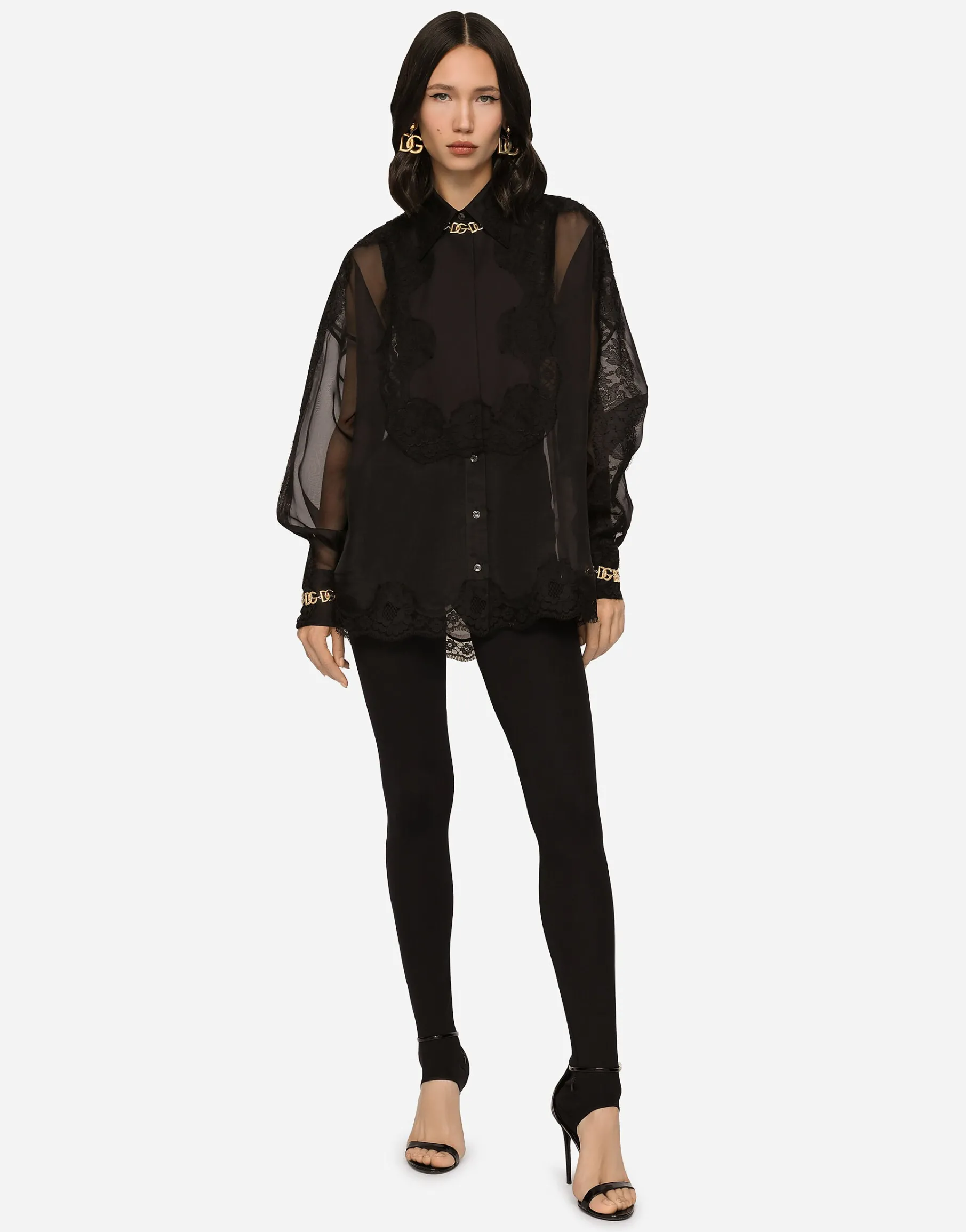 Organza tuxedo shirt with lace inserts