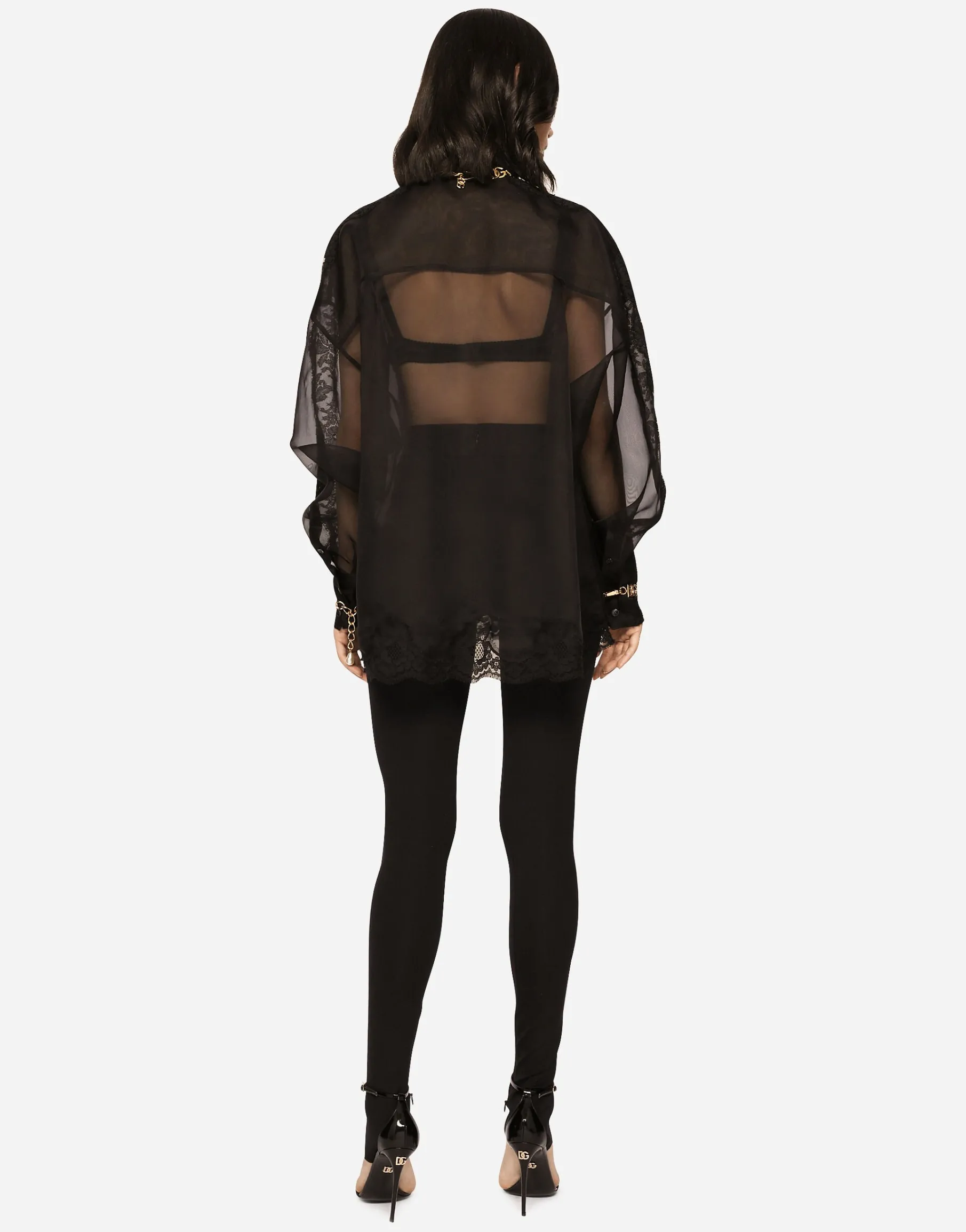 Organza tuxedo shirt with lace inserts