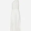 Organzine and lace calf-length dress with asymmetrical neckline