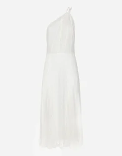 Organzine and lace calf-length dress with asymmetrical neckline