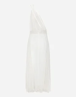 Organzine and lace calf-length dress with asymmetrical neckline