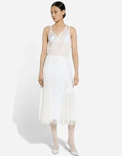 Organzine and lace calf-length dress with asymmetrical neckline