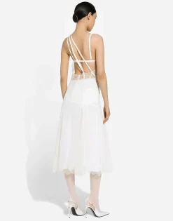Organzine and lace calf-length dress with asymmetrical neckline