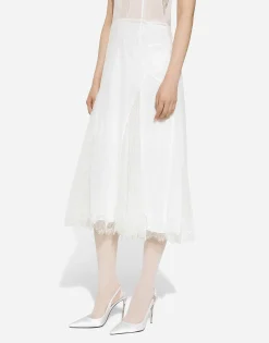 Organzine and lace calf-length dress with asymmetrical neckline