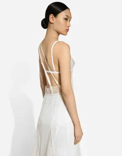 Organzine and lace calf-length dress with asymmetrical neckline