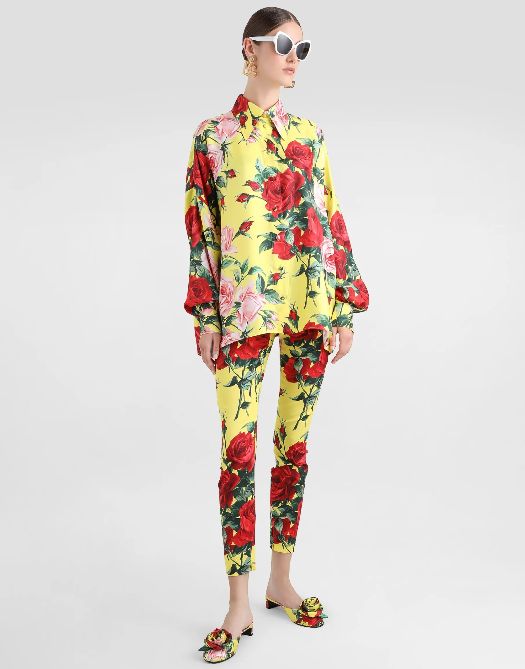 Oversize bouquet-print silk twill shirt
