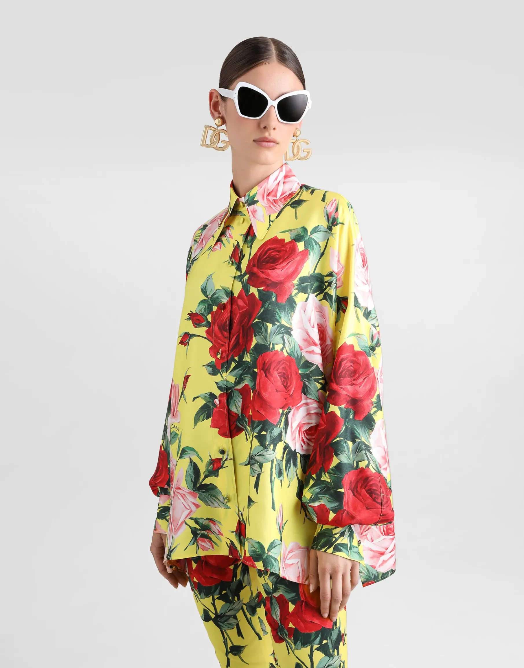 Oversize bouquet-print silk twill shirt