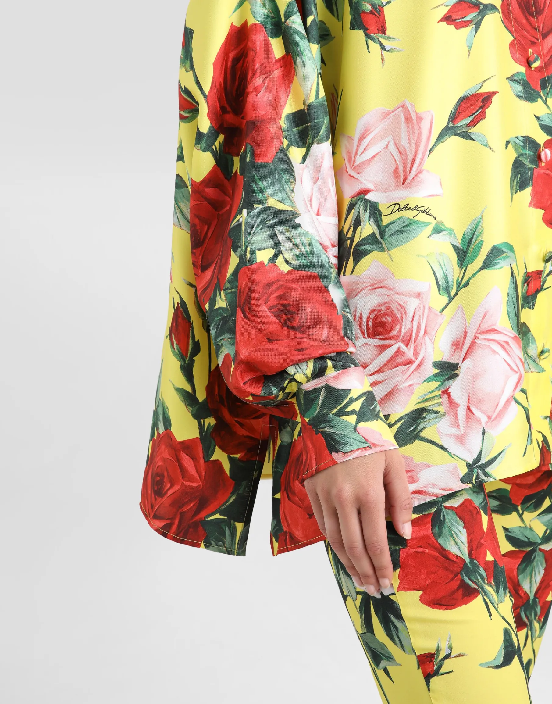 Oversize bouquet-print silk twill shirt