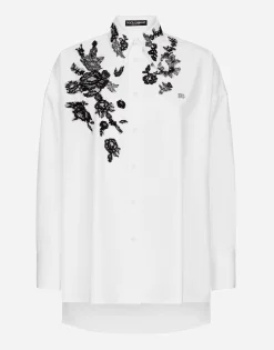 Oversize cotton shirt with lace appliqués