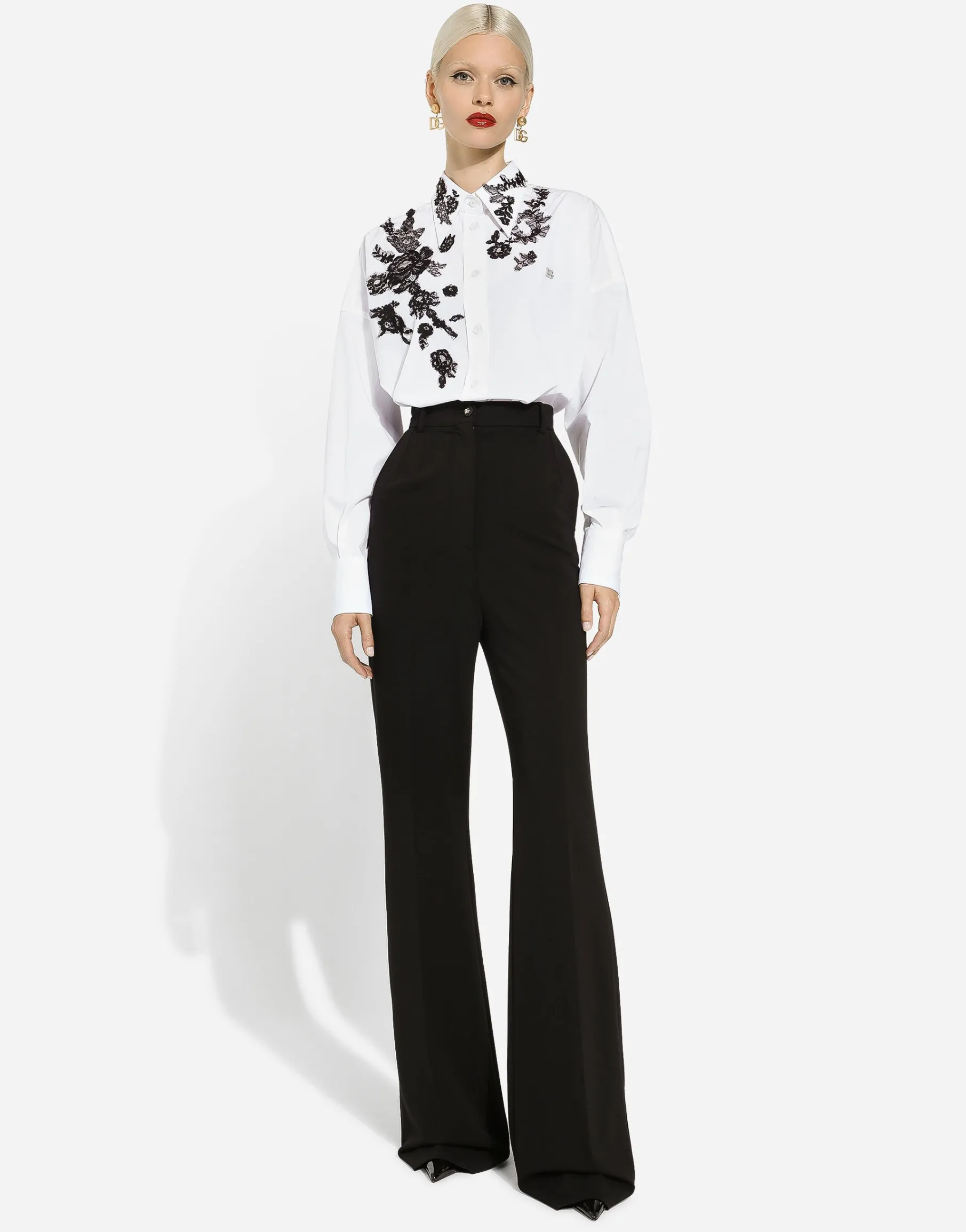 Oversize cotton shirt with lace appliqués