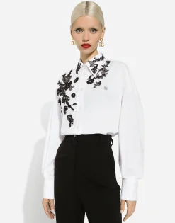 Oversize cotton shirt with lace appliqués