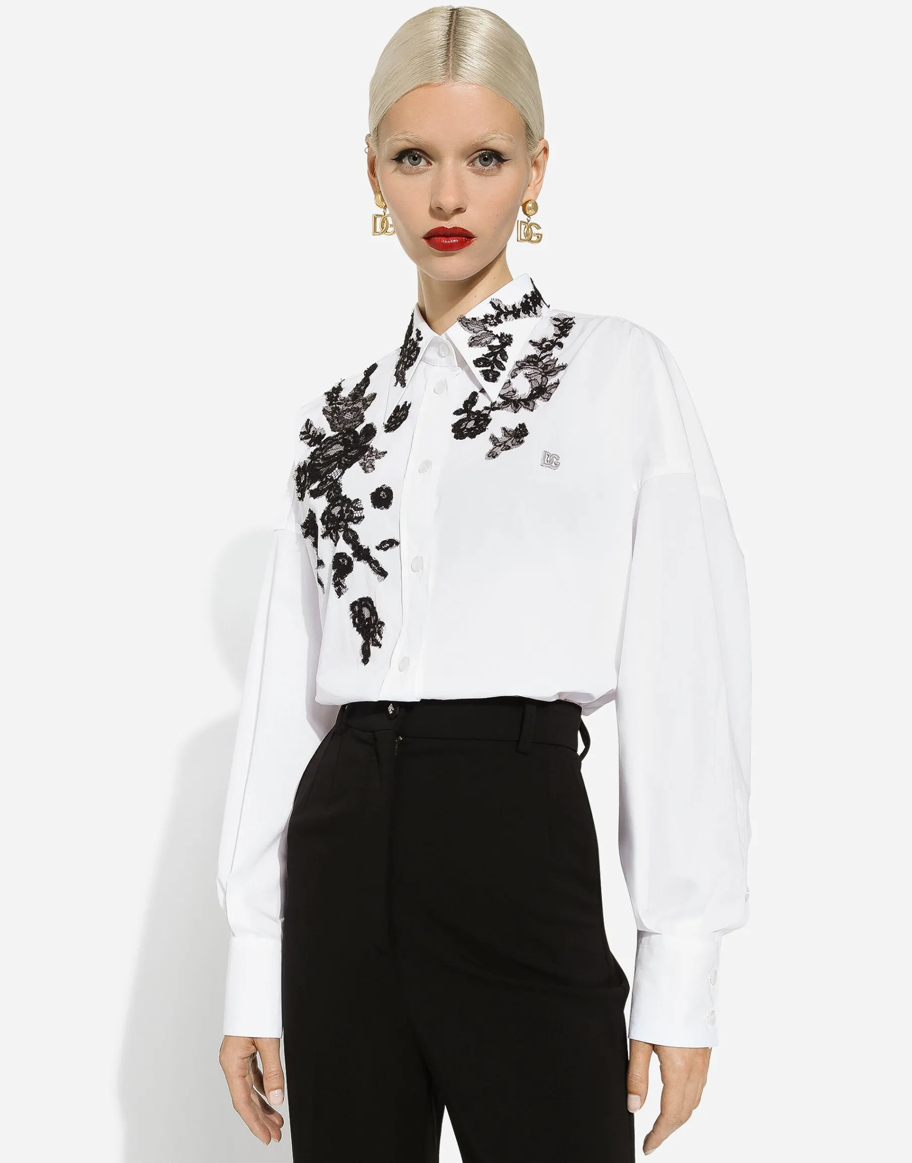 Oversize cotton shirt with lace appliqués