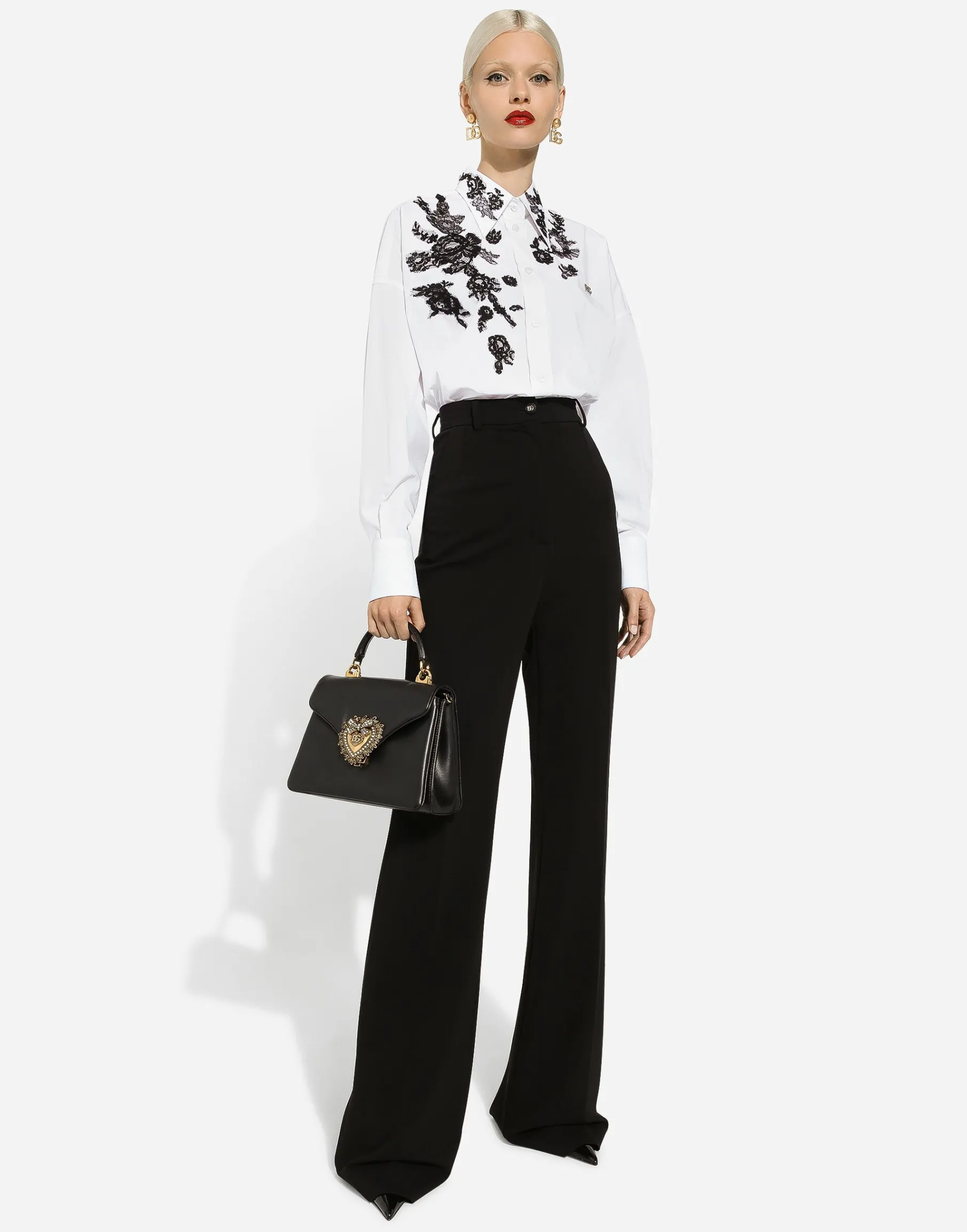 Oversize cotton shirt with lace appliqués