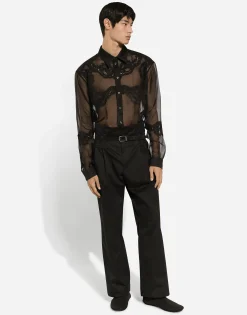 Oversize organza shirt with lace inserts