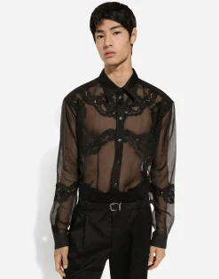 Oversize organza shirt with lace inserts