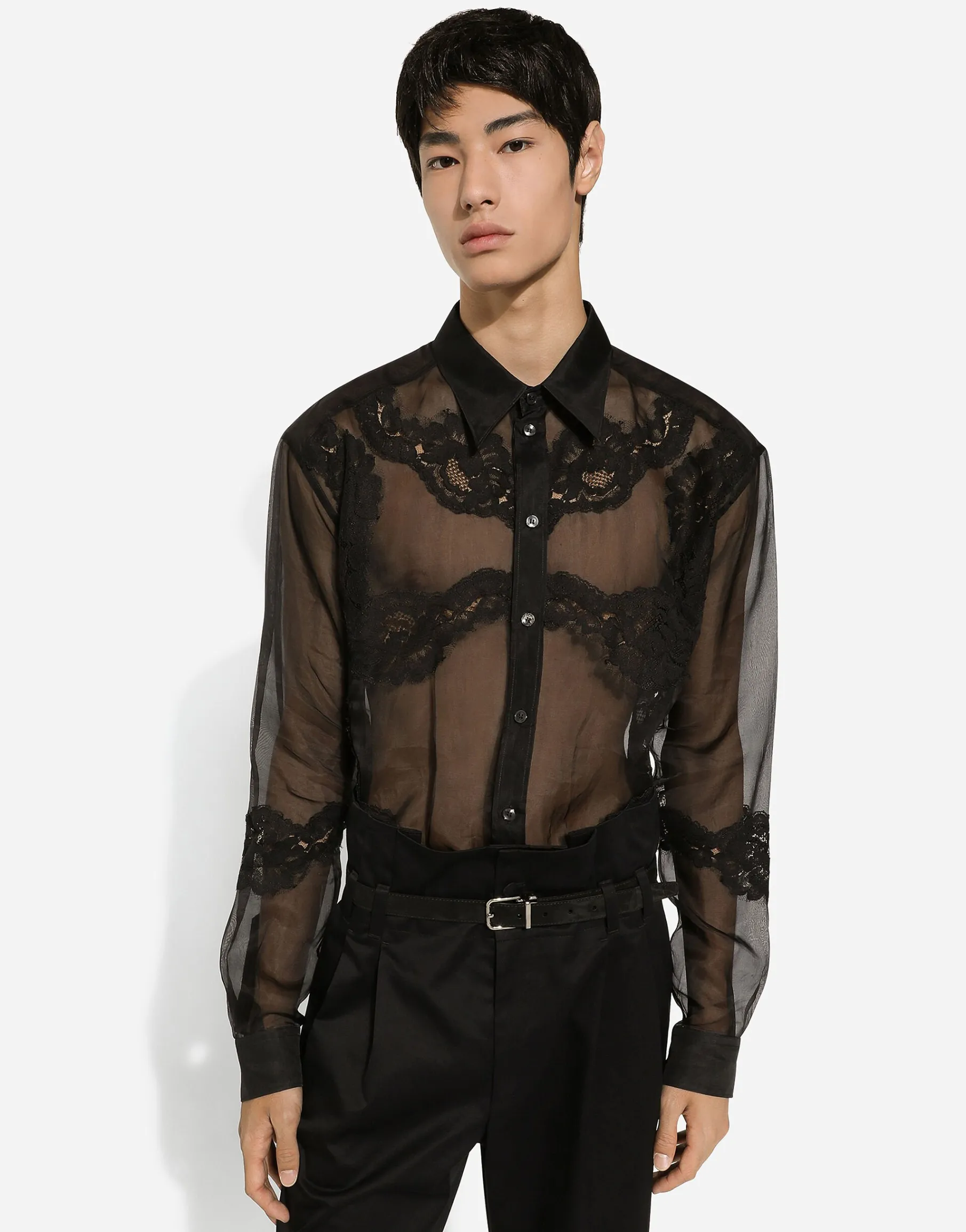 Oversize organza shirt with lace inserts