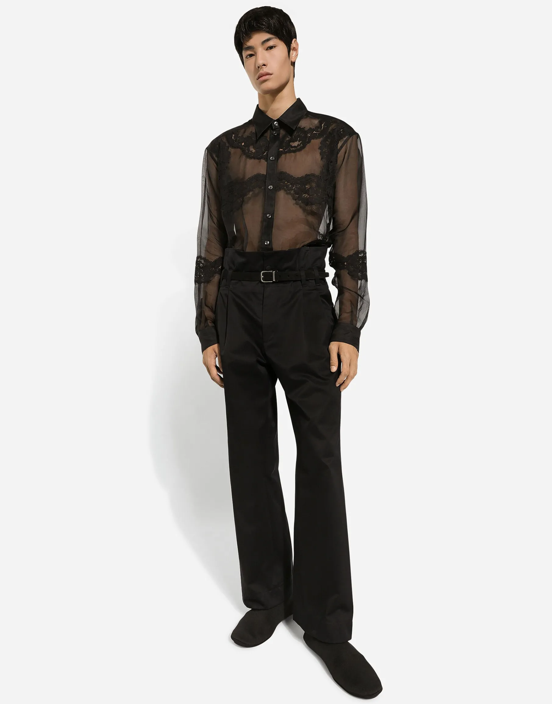 Oversize organza shirt with lace inserts