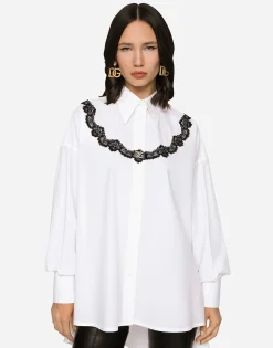 Oversize poplin shirt with lace inserts