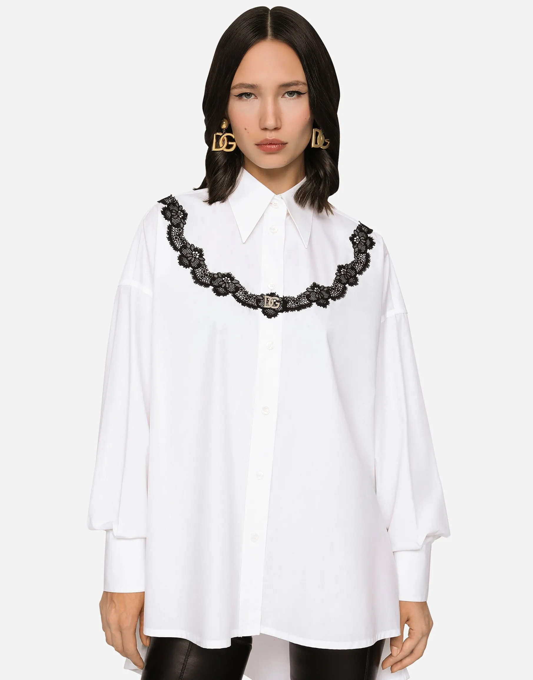 Oversize poplin shirt with lace inserts