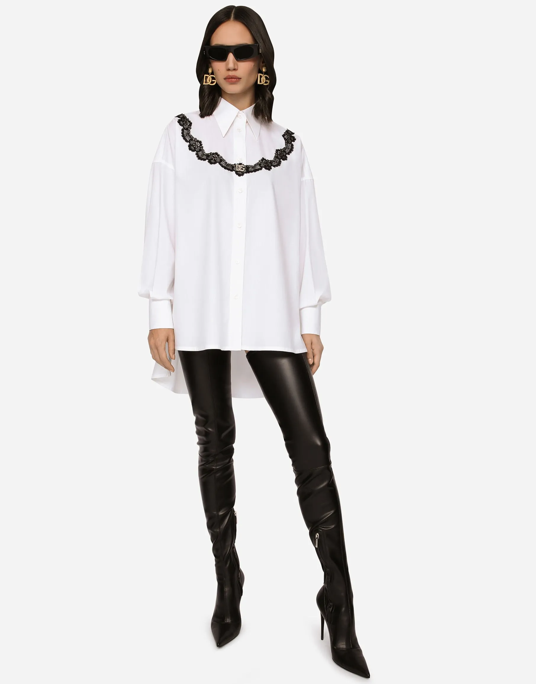 Oversize poplin shirt with lace inserts