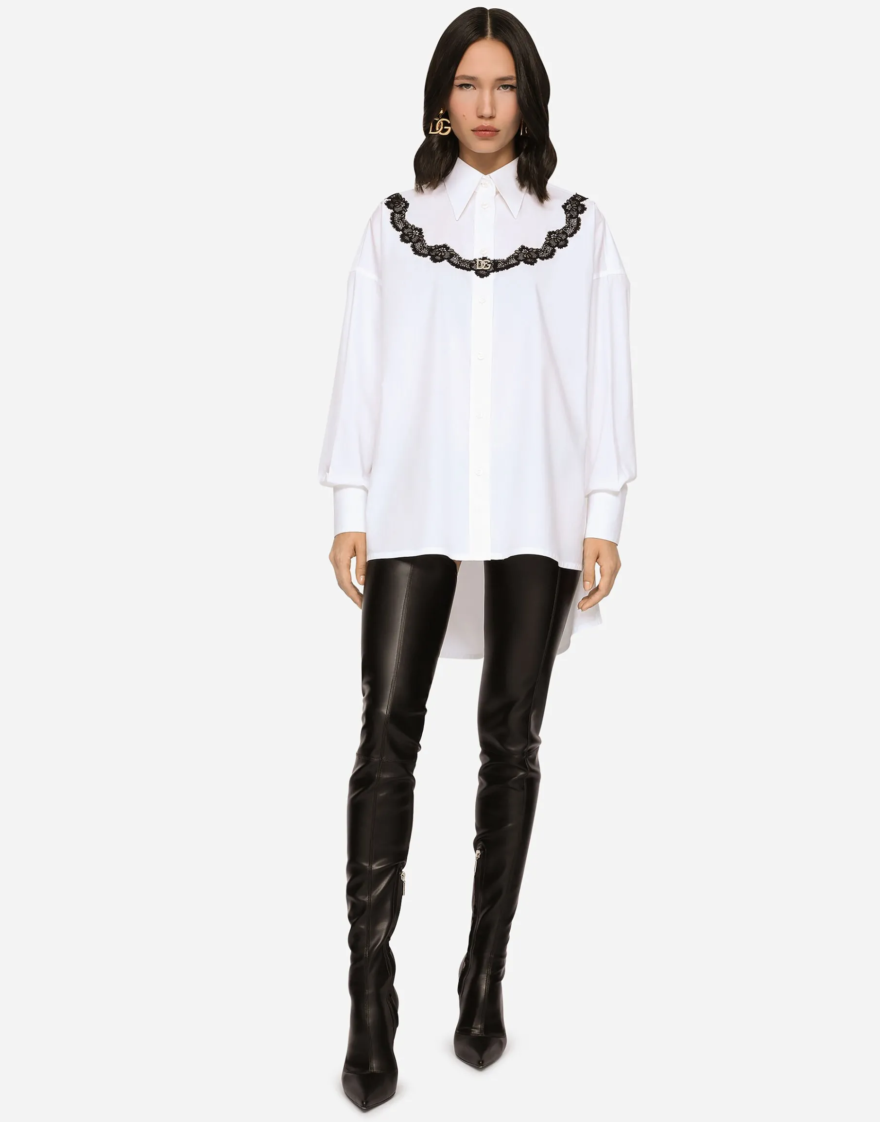 Oversize poplin shirt with lace inserts