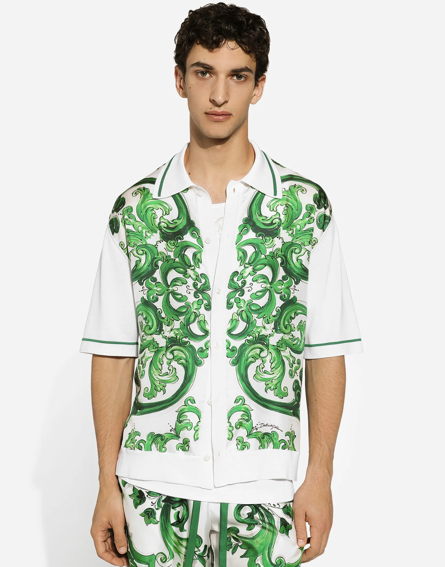 Oversize silk and yarn shirt with majolica print