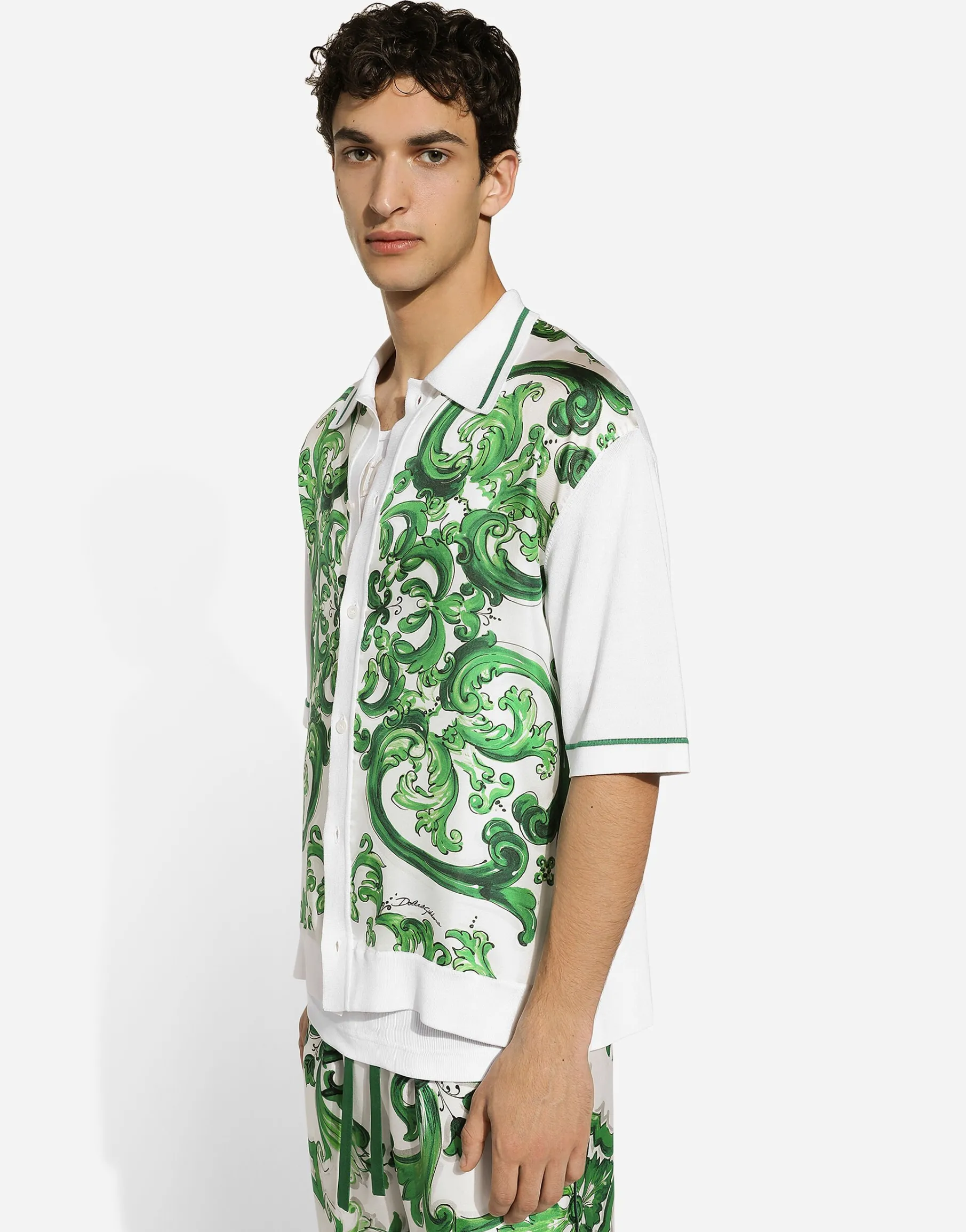 Oversize silk and yarn shirt with majolica print