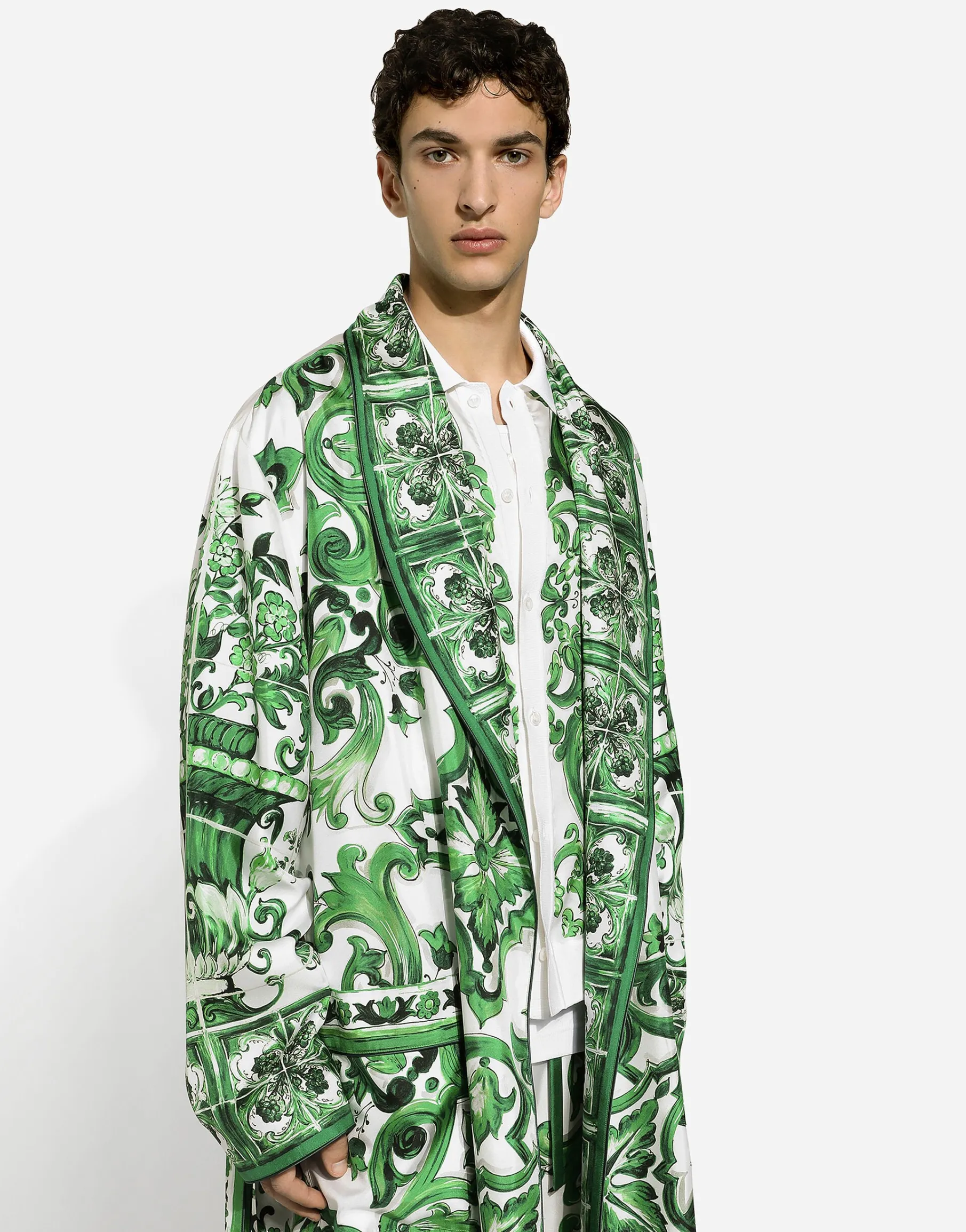 Oversize silk and yarn shirt with majolica print