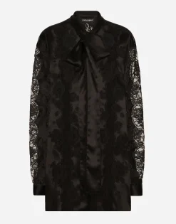 Oversize silk satin and lace shirt