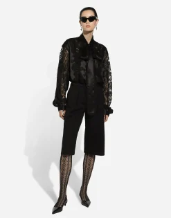 Oversize silk satin and lace shirt