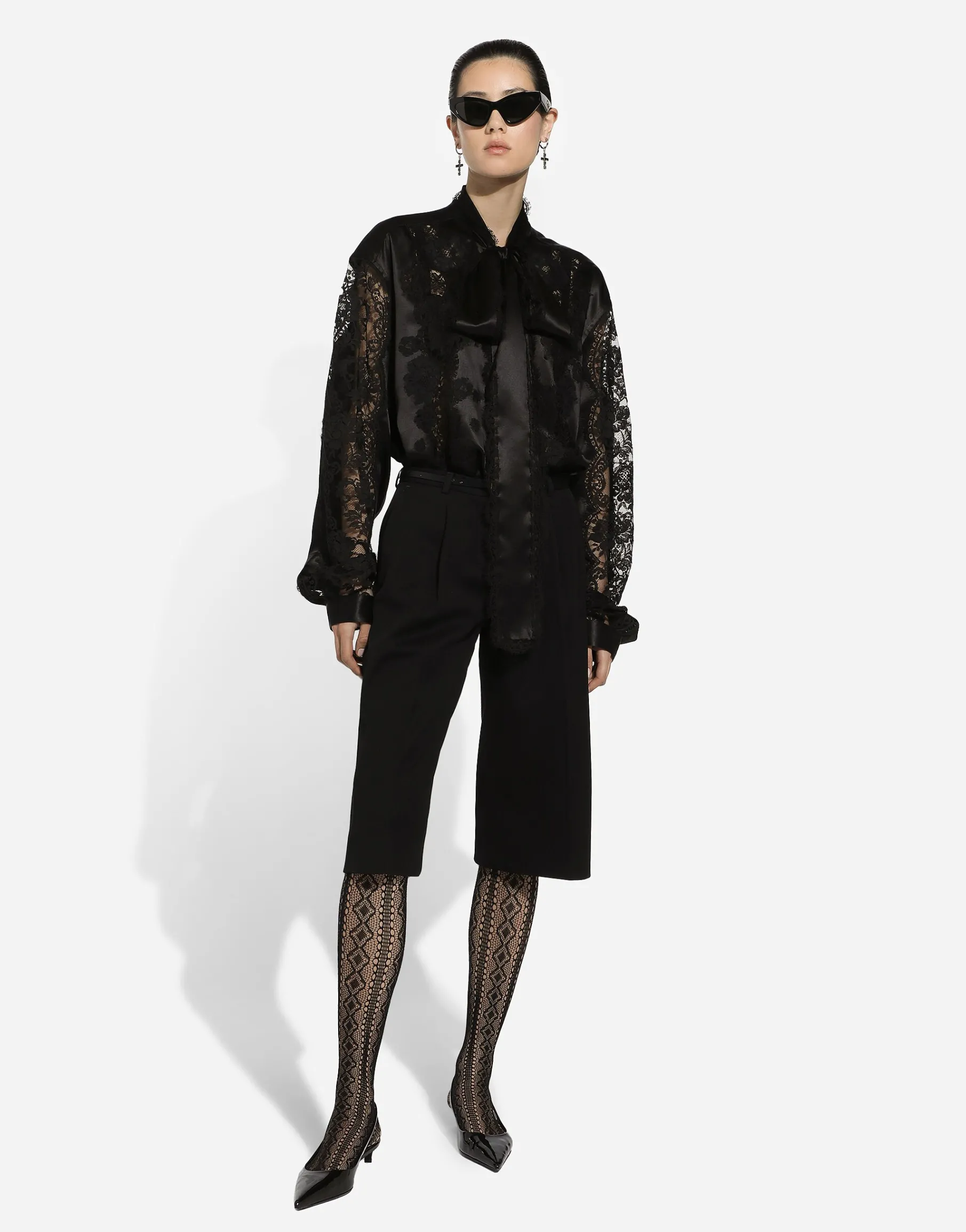 Oversize silk satin and lace shirt