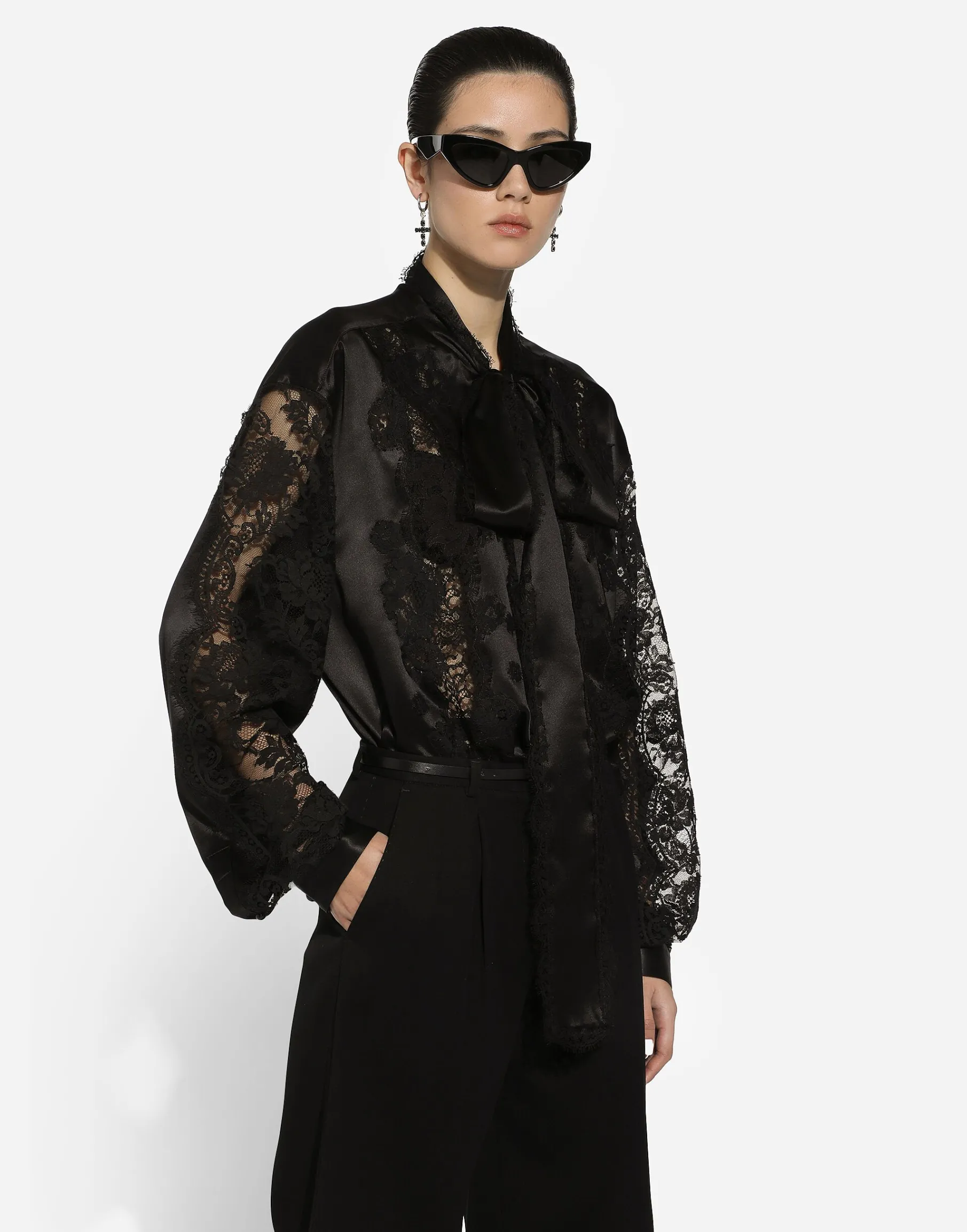 Oversize silk satin and lace shirt