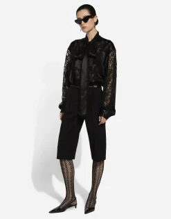 Oversize silk satin and lace shirt