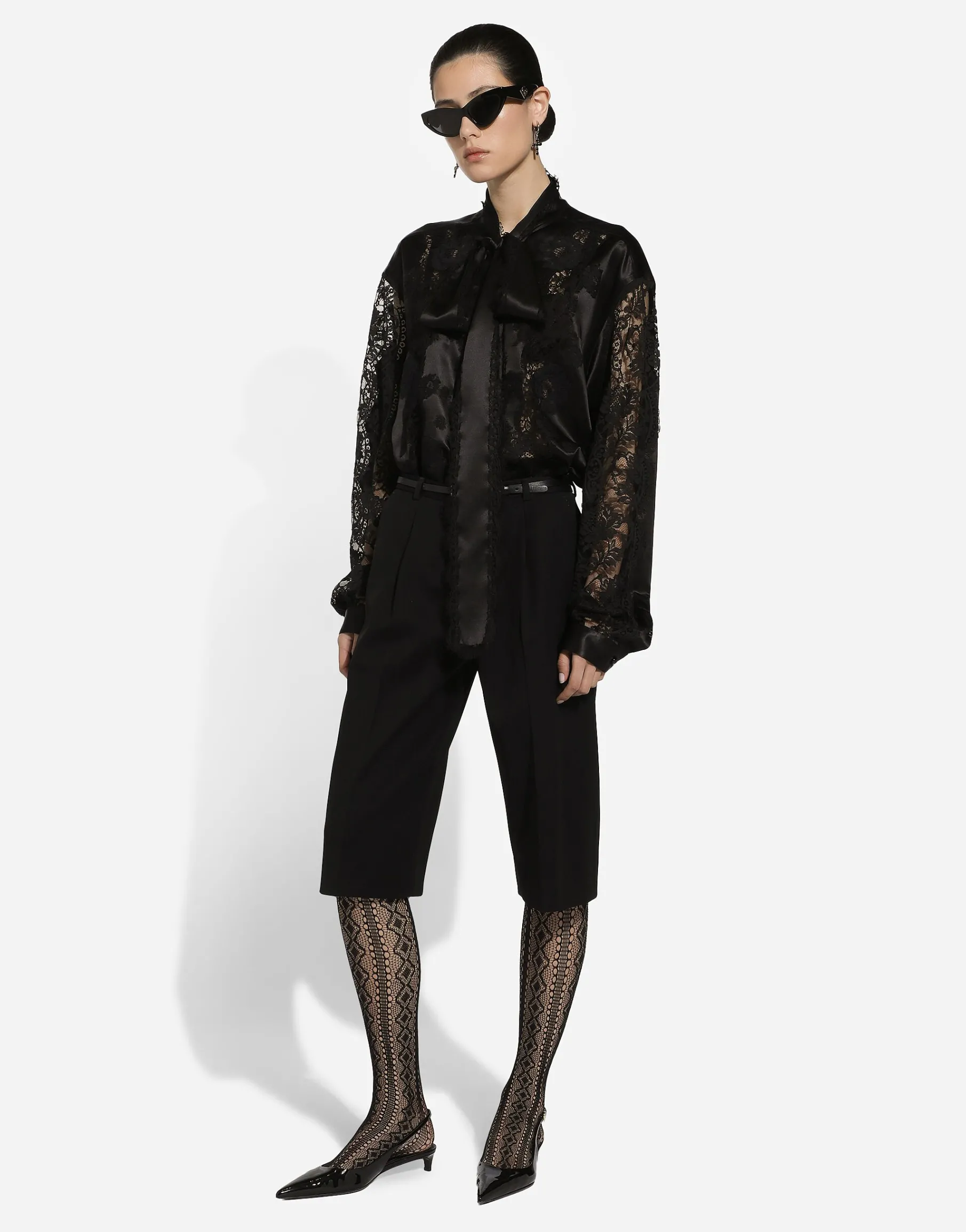 Oversize silk satin and lace shirt