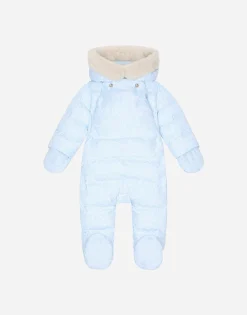 Padded quilted nylon snowsuit with all-over logo print