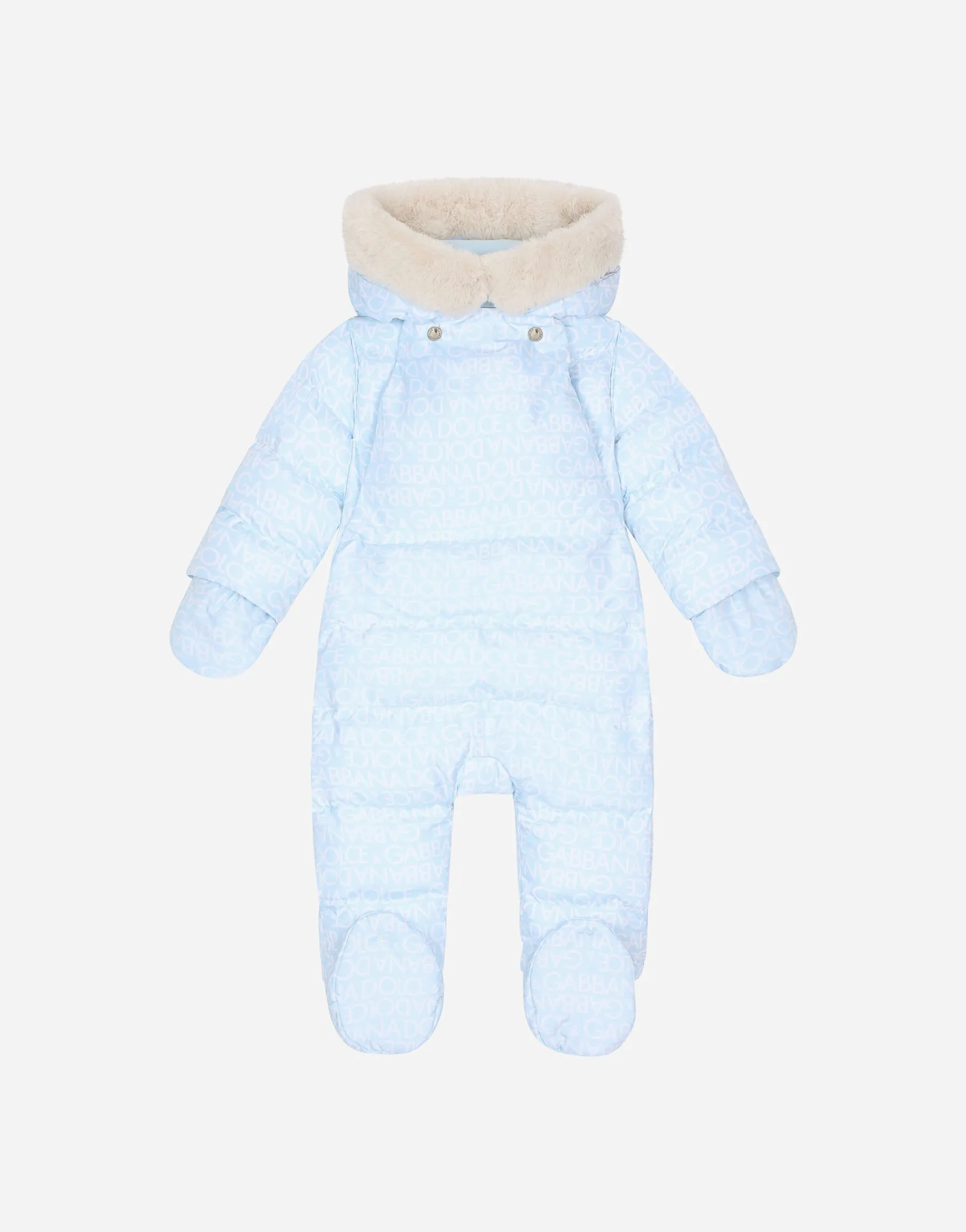 Padded quilted nylon snowsuit with all-over logo print