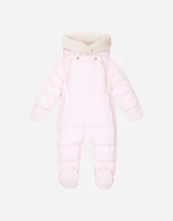 Padded quilted nylon snowsuit with all-over logo print