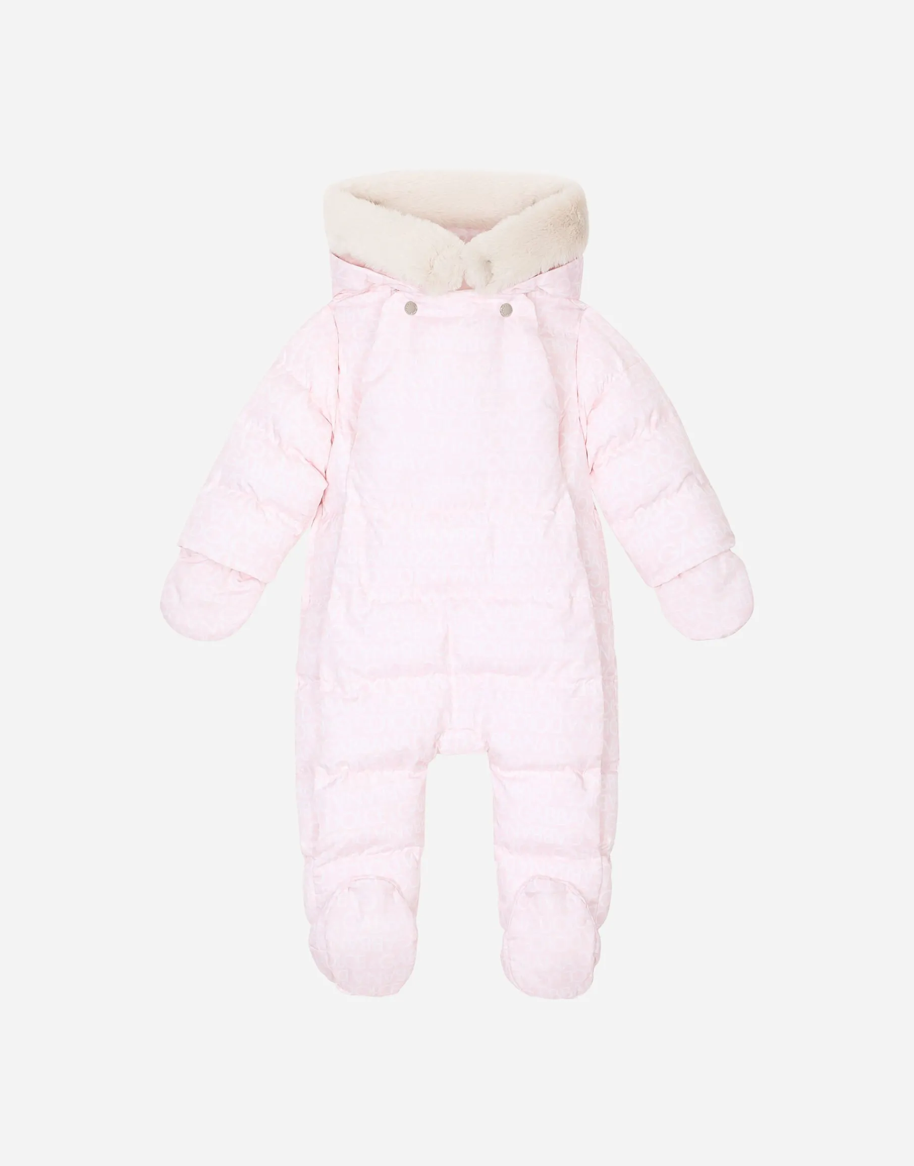 Padded quilted nylon snowsuit with all-over logo print