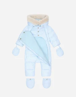 Padded quilted nylon snowsuit with all-over logo print