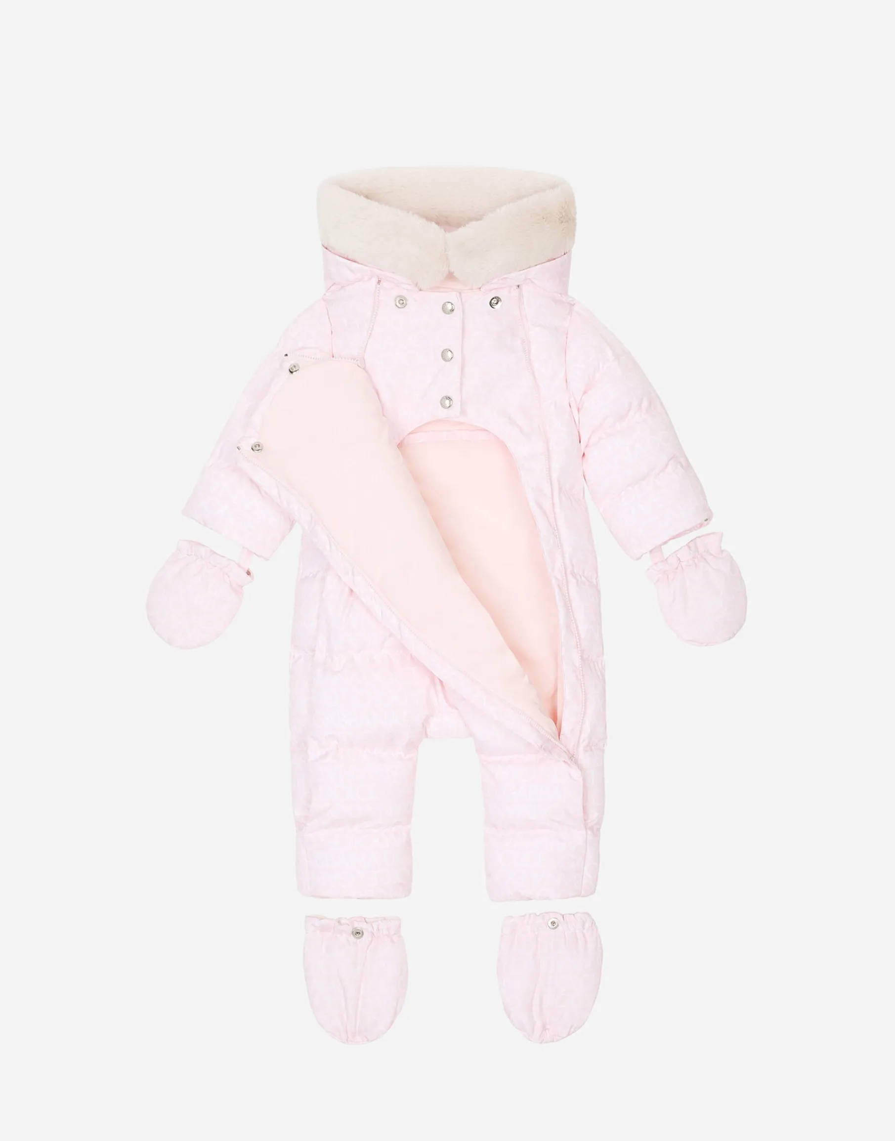 Padded quilted nylon snowsuit with all-over logo print