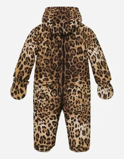 Padded quilted nylon snowsuit with leopard print