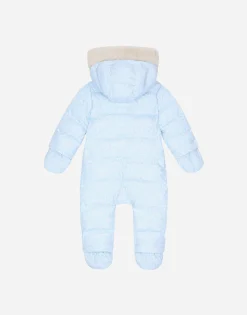 Padded quilted nylon snowsuit with all-over logo print