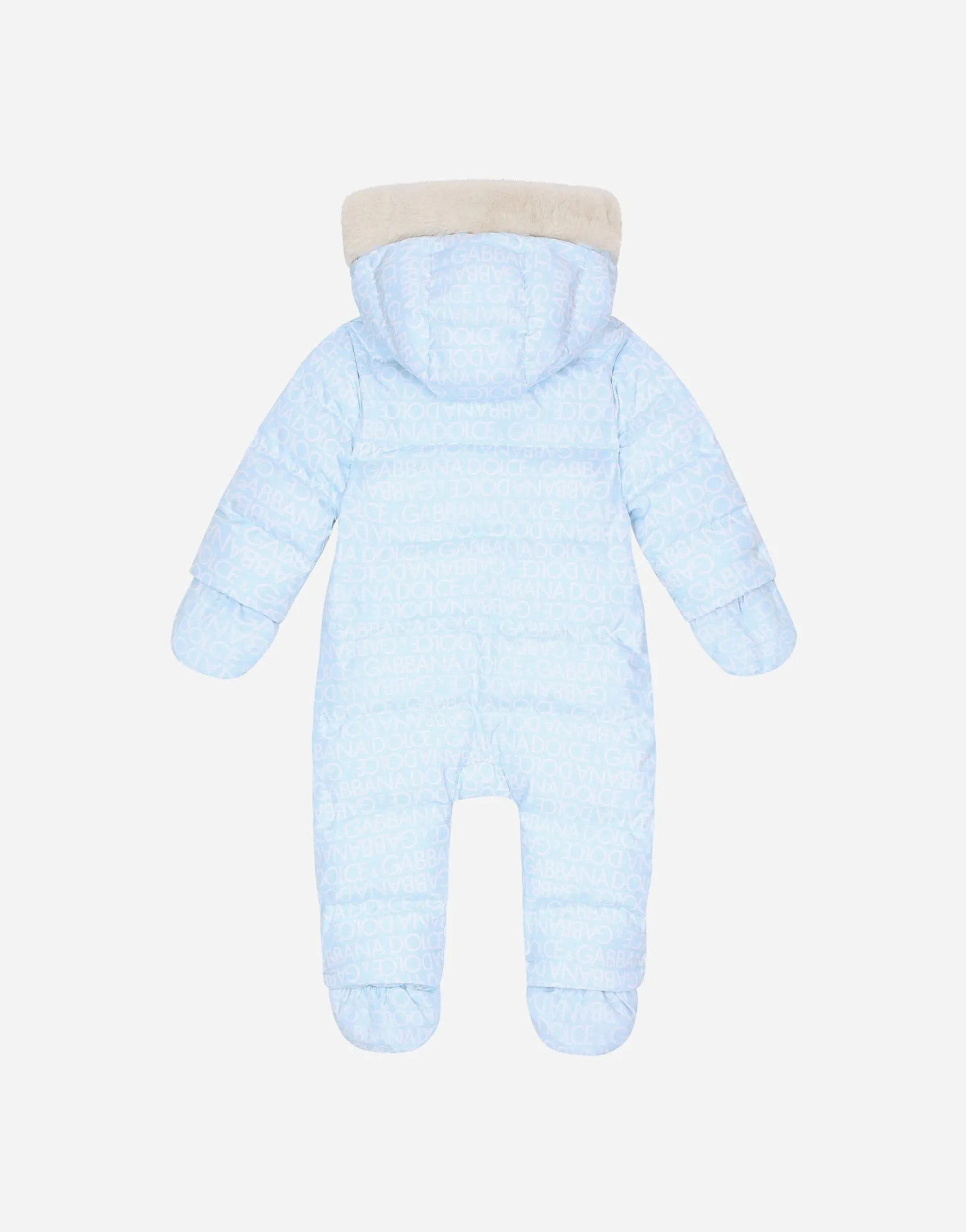Padded quilted nylon snowsuit with all-over logo print