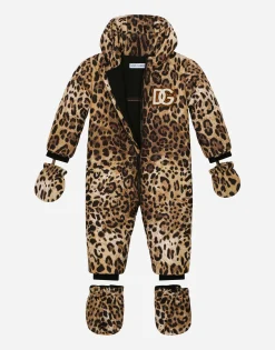 Padded quilted nylon snowsuit with leopard print