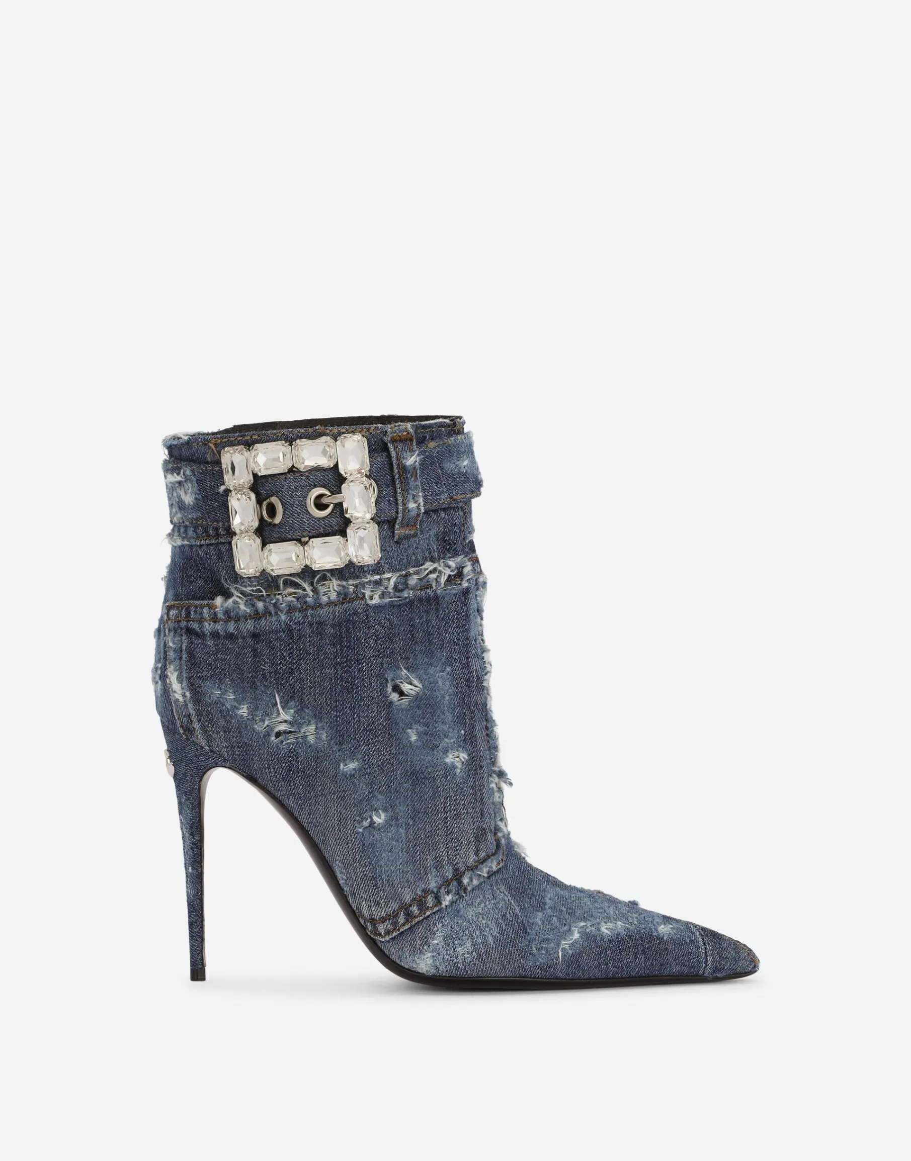 Patchwork denim ankle boots with rhinestone buckle