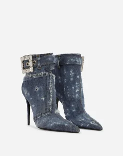 Patchwork denim ankle boots with rhinestone buckle