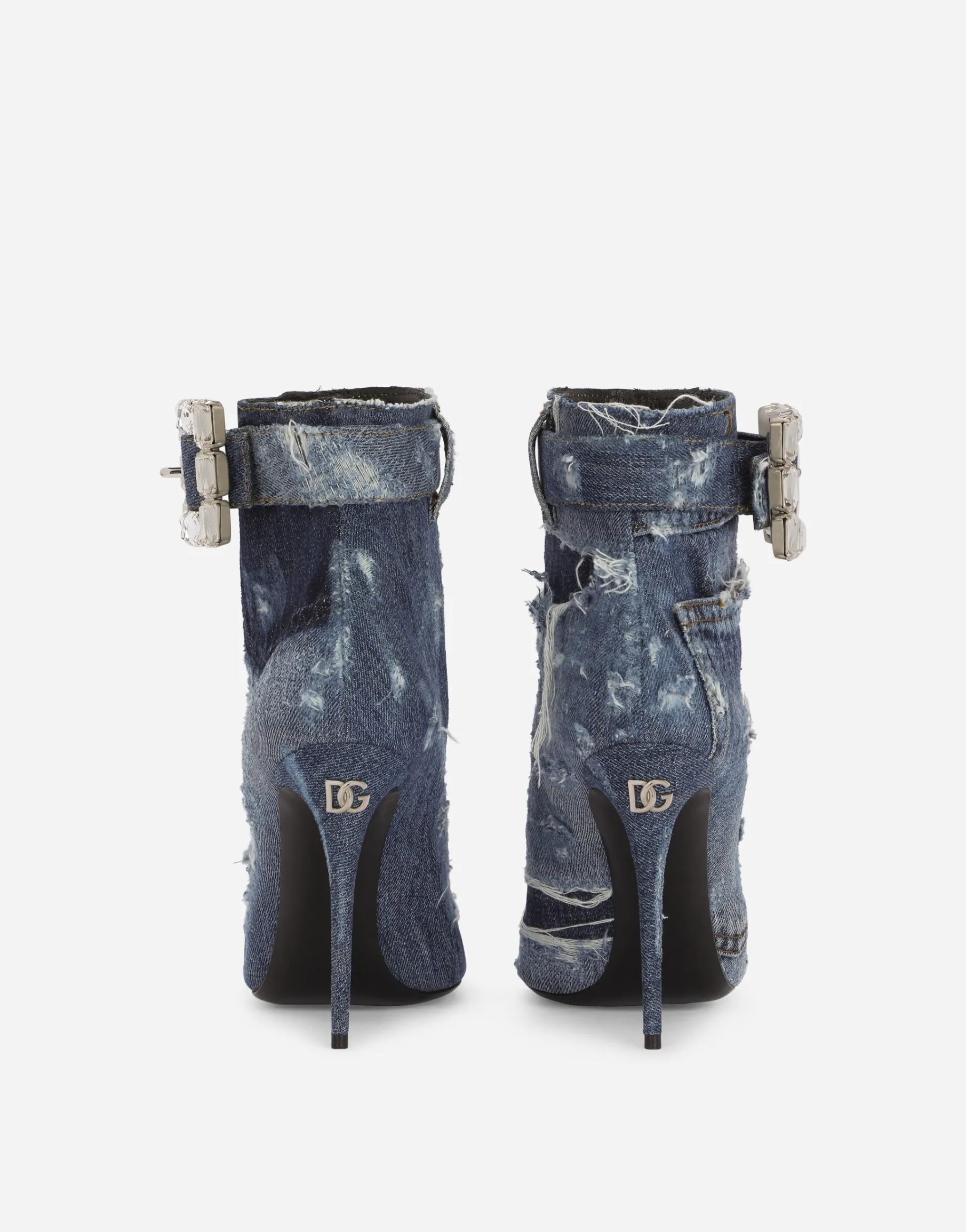 Patchwork denim ankle boots with rhinestone buckle