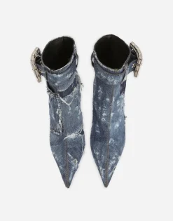 Patchwork denim ankle boots with rhinestone buckle